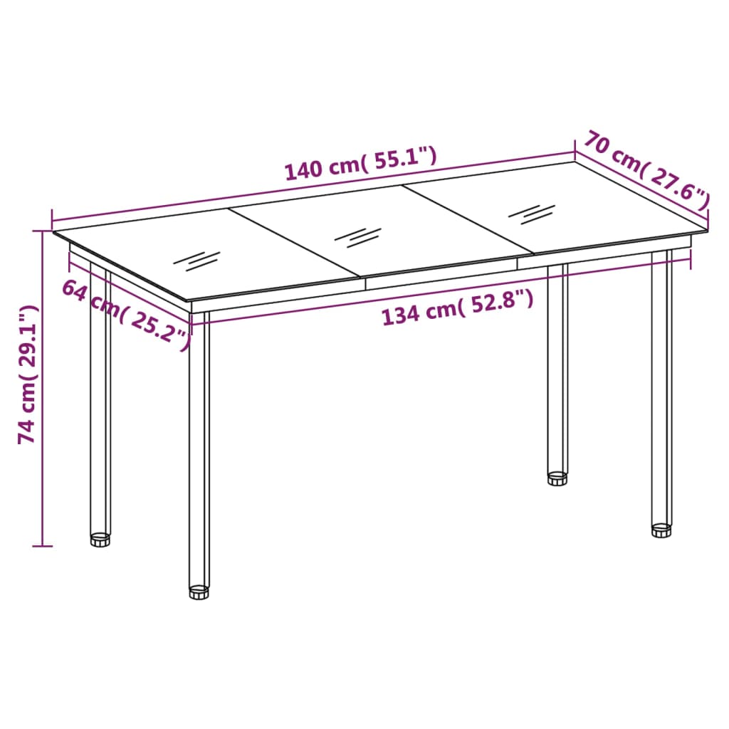 Mesa de jantar para jardim 140x70x74 cm aço e vidro preto