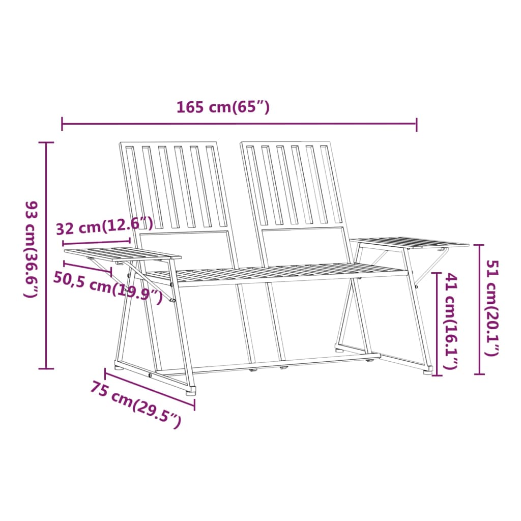 Banco de jardim de 2 lugares 165 cm aço preto