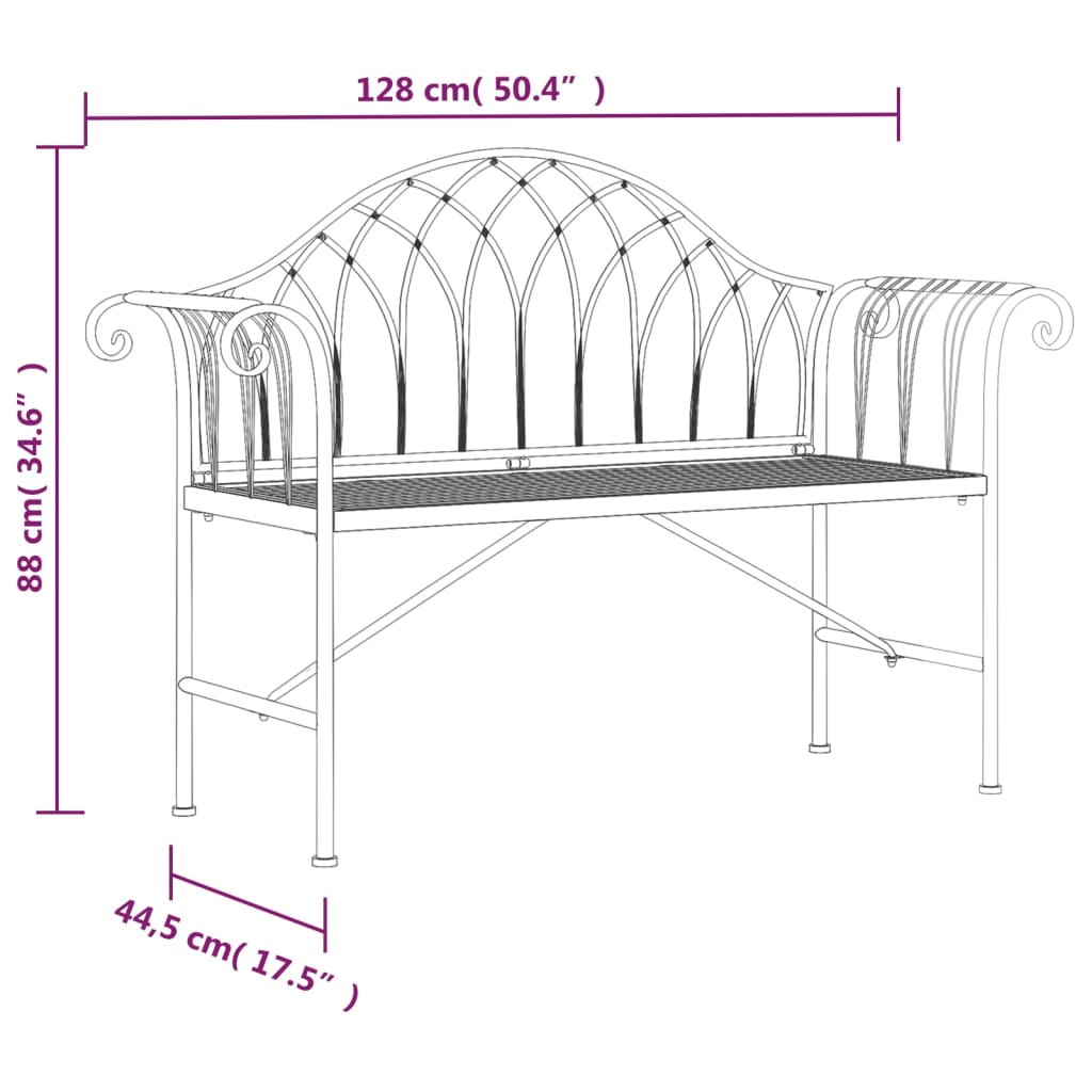 Banco de jardim de 2 lugares 128 cm aço preto