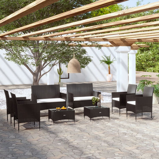 8 pcs conjunto lounge de jardim c/ almofadões vime PE preto