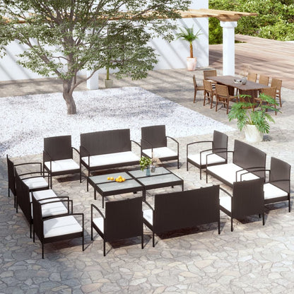 16 pcs conjunto lounge de jardim c/ almofadões vime PE preto