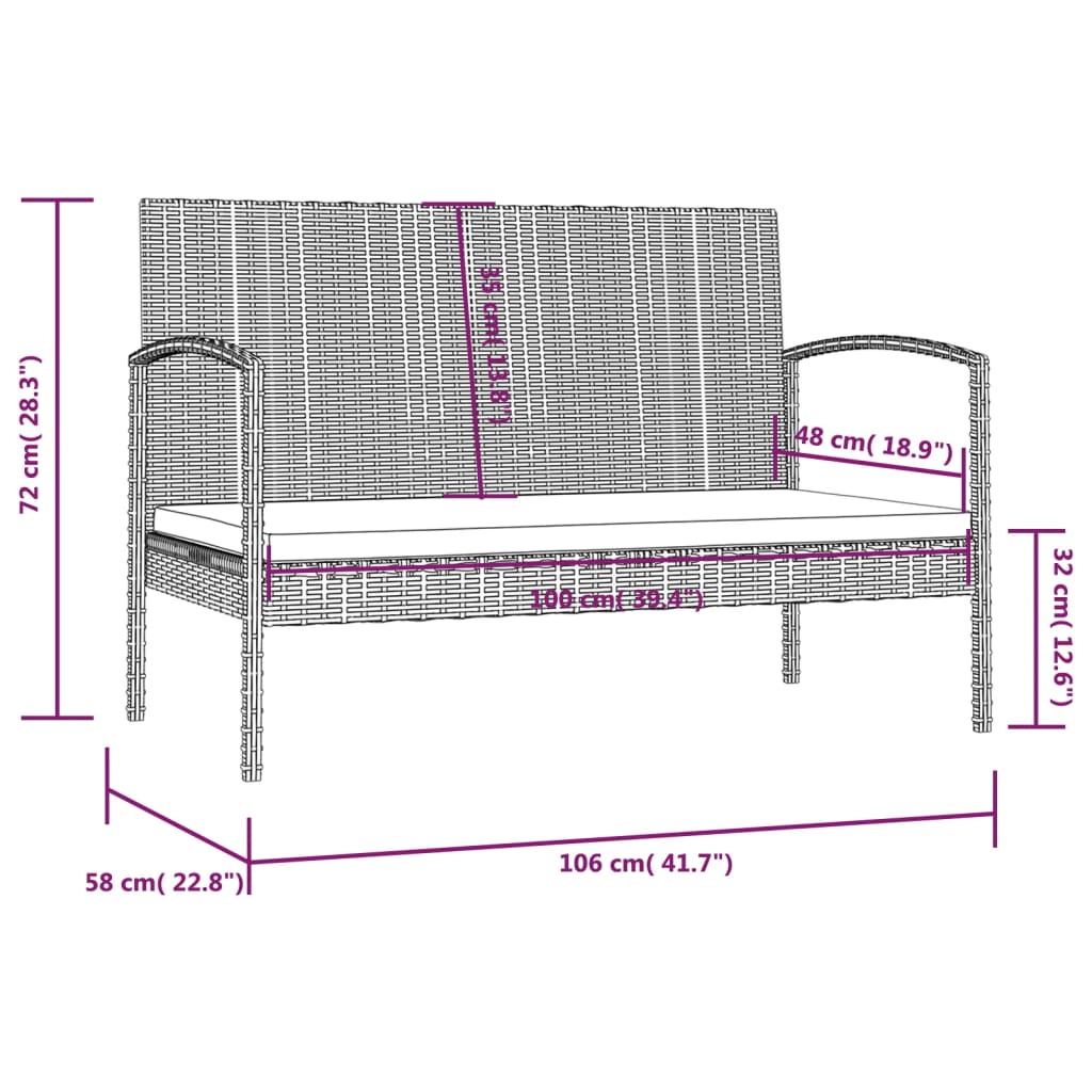 16 pcs conjunto lounge de jardim c/ almofadões vime PE cinzento