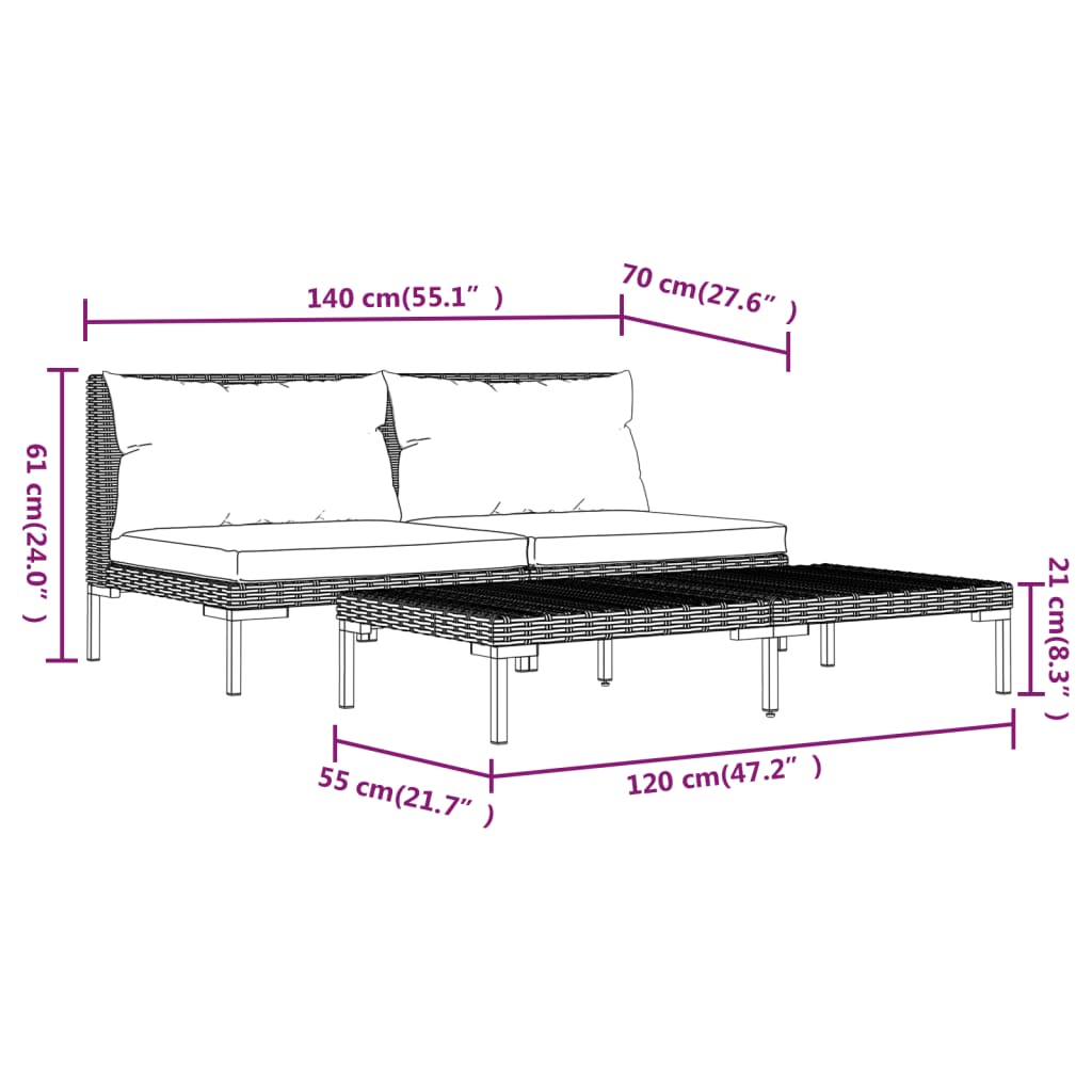 3 pcs conj. lounge jardim vime PE semicircular cinzento-escuro