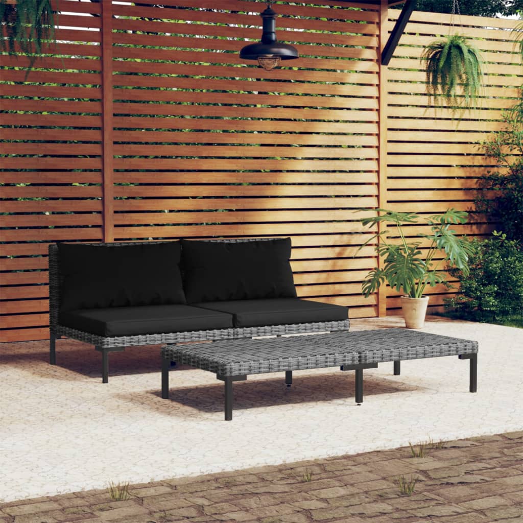 3 pcs conj. lounge jardim vime PE semicircular cinzento-escuro