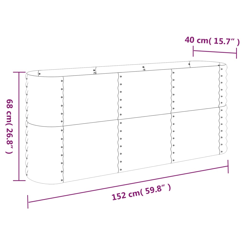 Canteiro elevado jardim 152x40x68cm aço revestido a pó cinzento