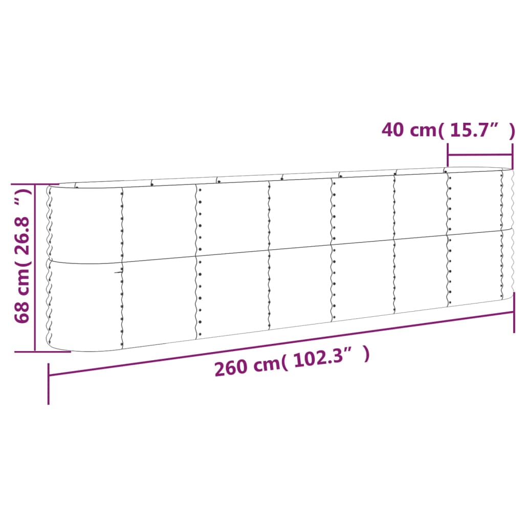 Canteiro elevado jardim 260x40x68 aço revestido a pó antracite