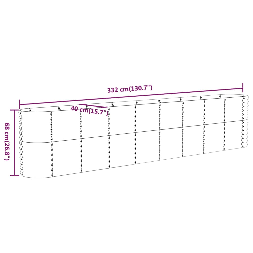 Canteiro elevado jardim 332x40x68cm aço revestido a pó castanho