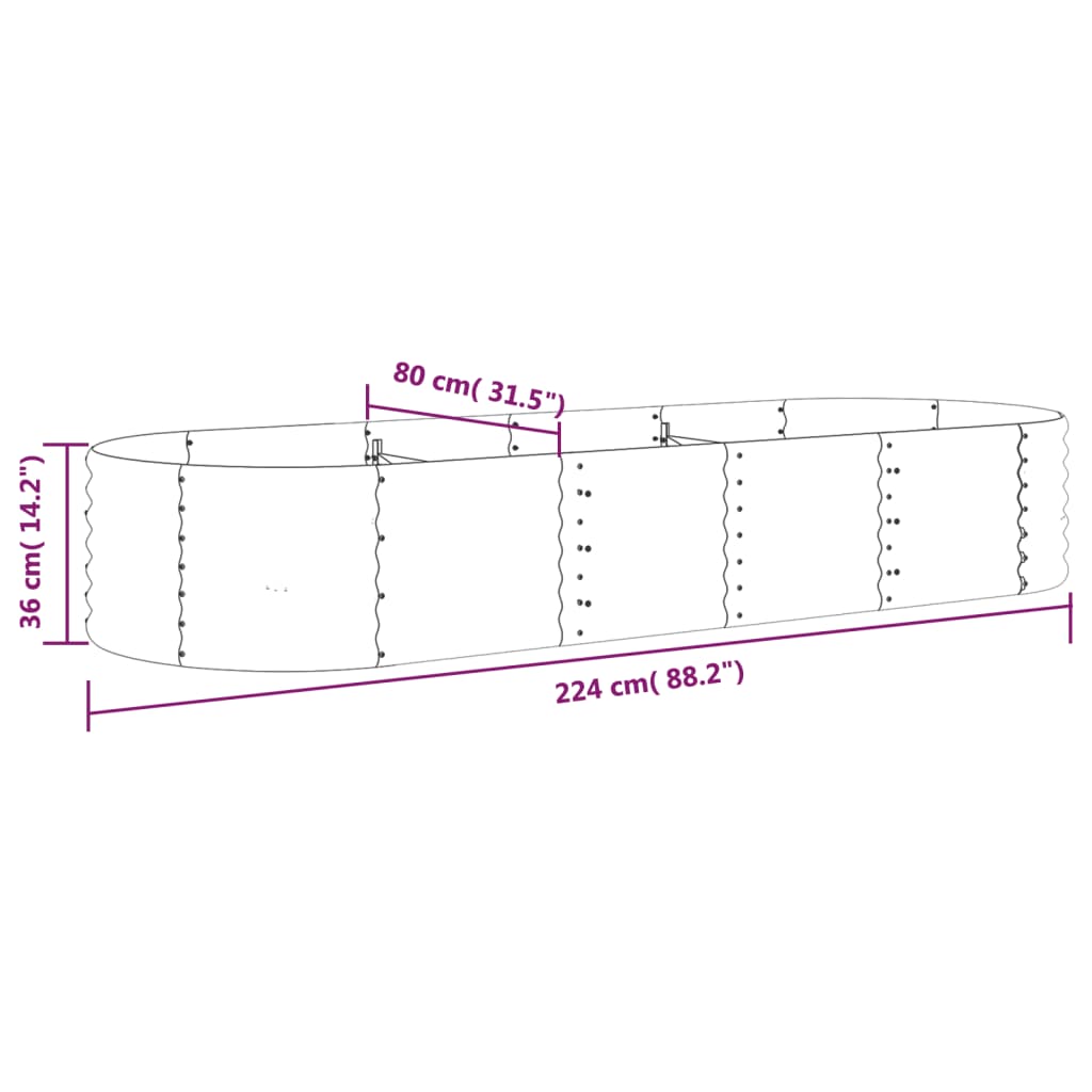 Canteiro elevado jardim 224x80x36cm aço revestido a pó cinzento