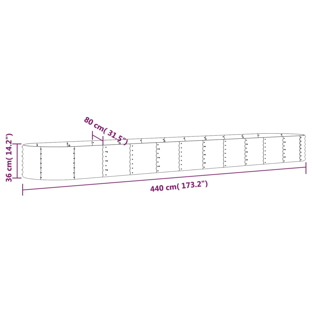 Canteiro elevado jardim 440x80x36cm aço revestido a pó castanho