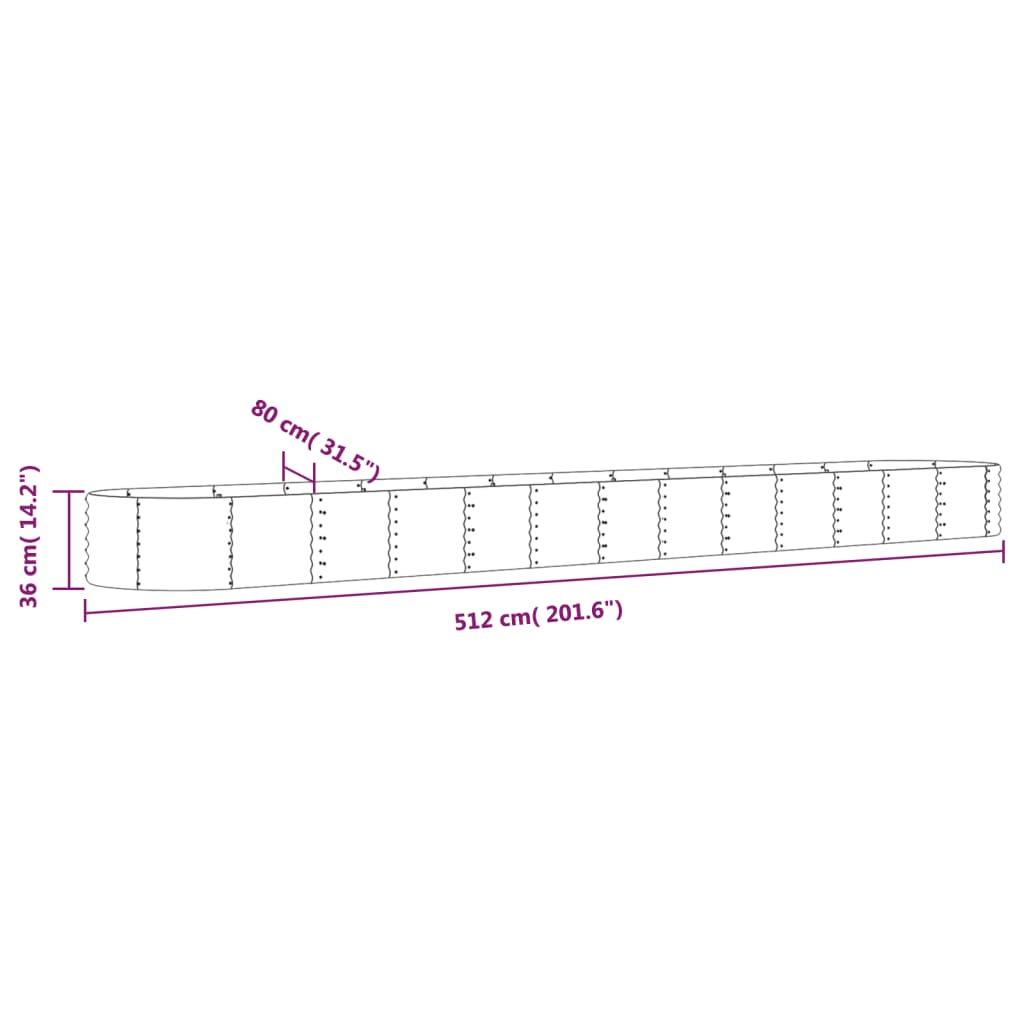 Canteiro elevado jardim 512x80x36cm aço revestido a pó cinzento