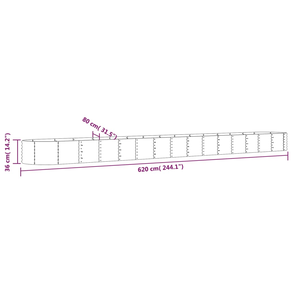 Canteiro elevado jardim 620x80x36cm aço revestido a pó cinzento