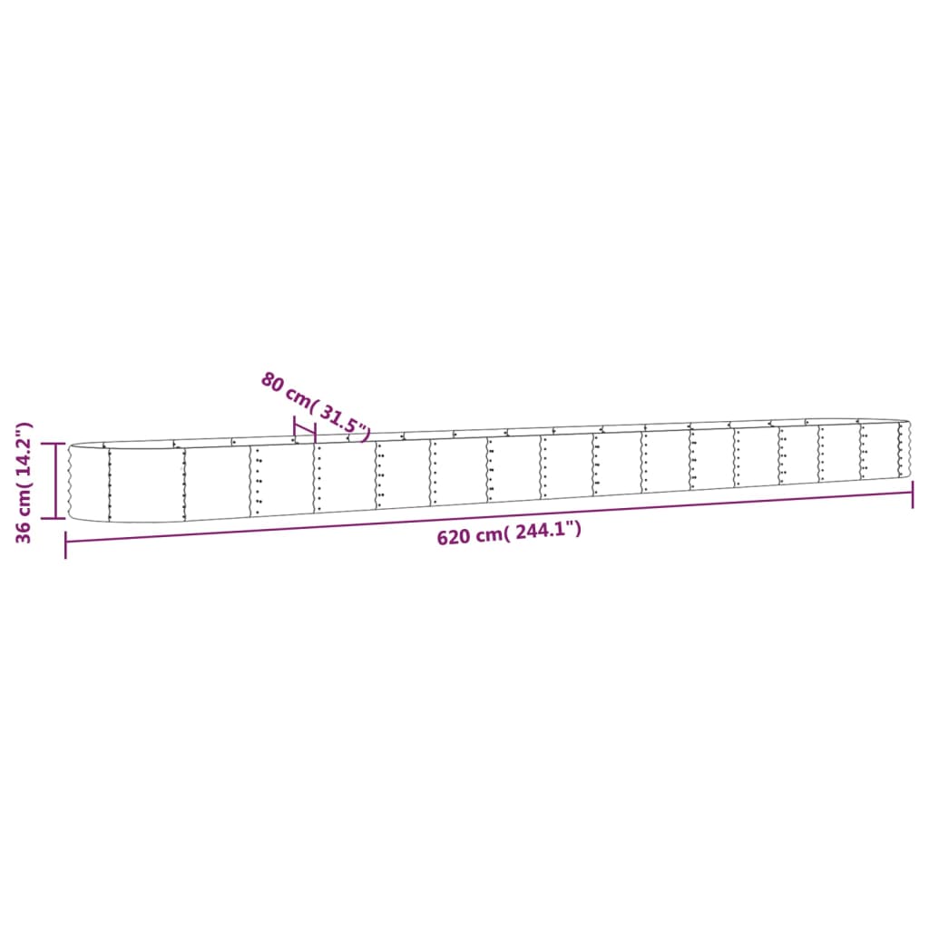 Canteiro elevado jardim 620x80x36cm aço revestido a pó prateado