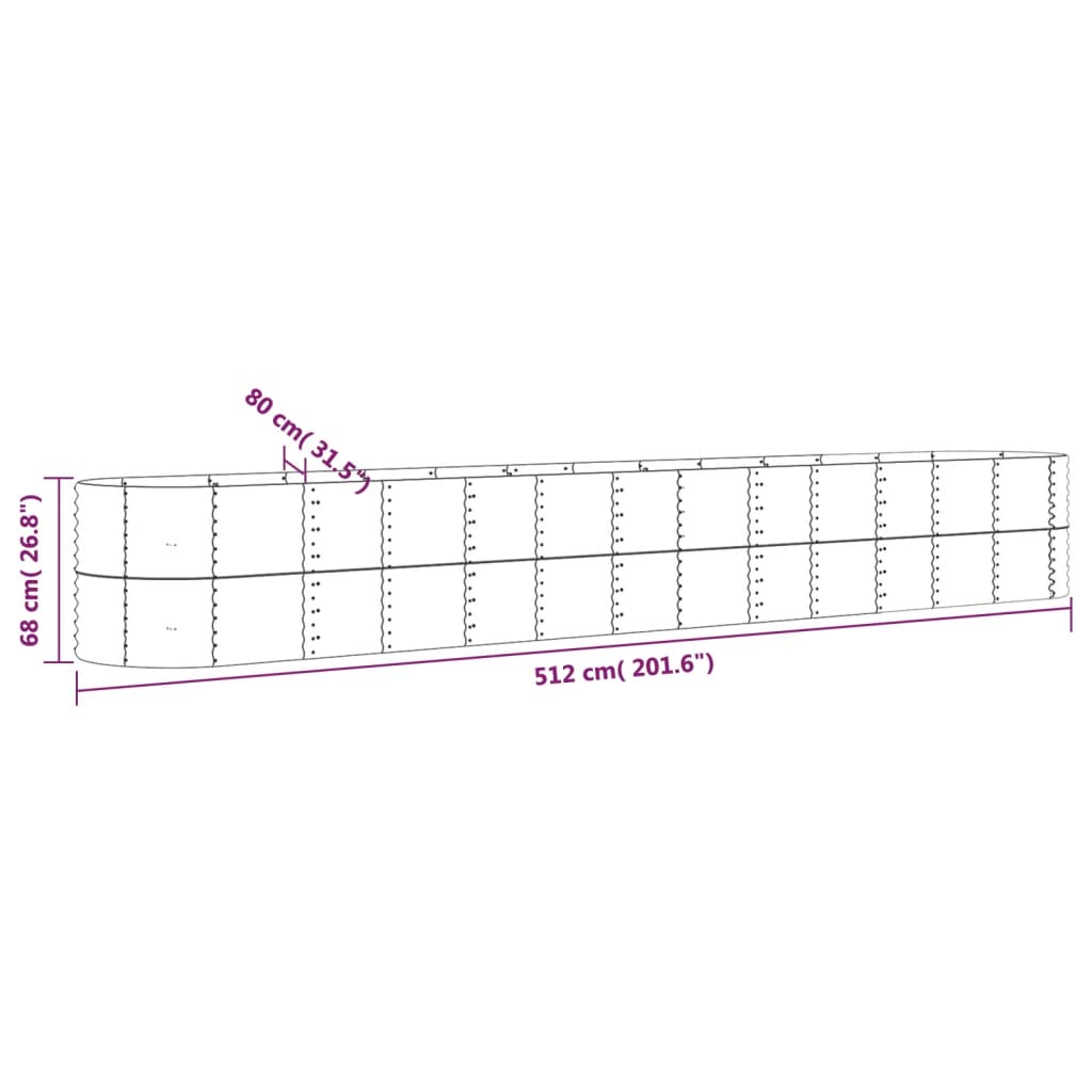 Canteiro elevado jardim 512x80x68cm aço revestido a pó cinzento