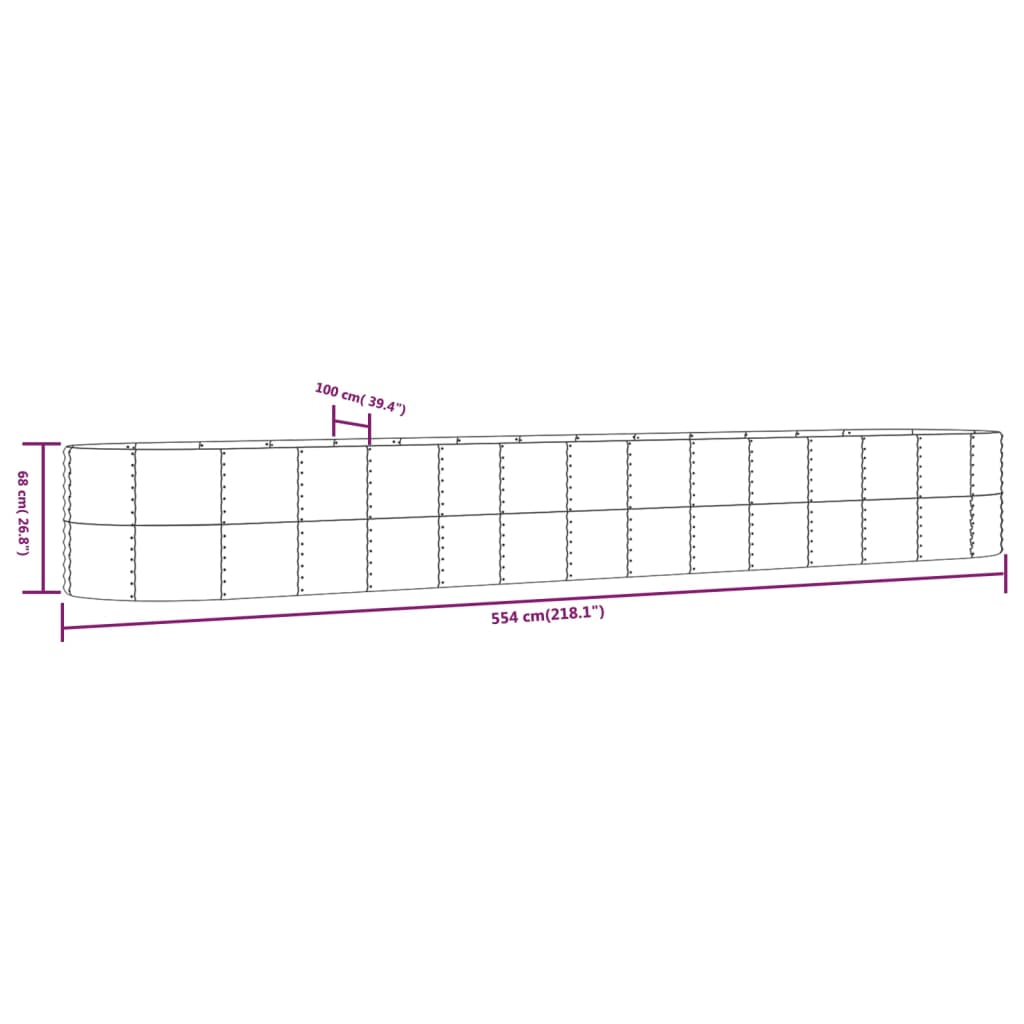 Canteiro elevado jardim 554x100x68 aço revestido a pó cinzento