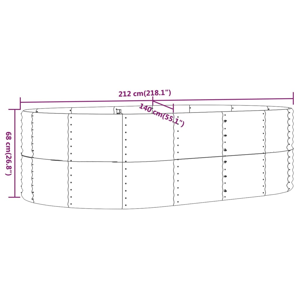 Canteiro elevado jardim 212x140x68 aço revestido a pó prateado