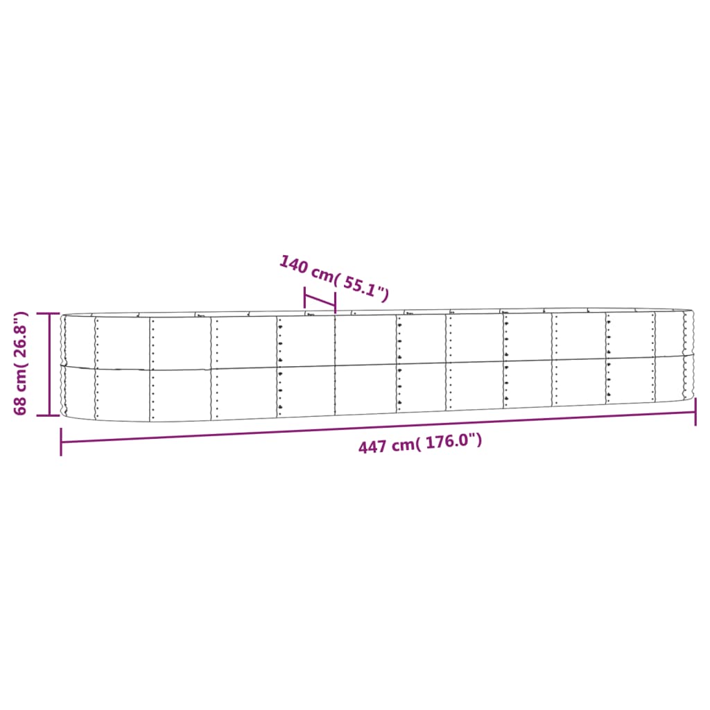 Canteiro elevado jardim 447x140x68 aço revestido a pó prateado