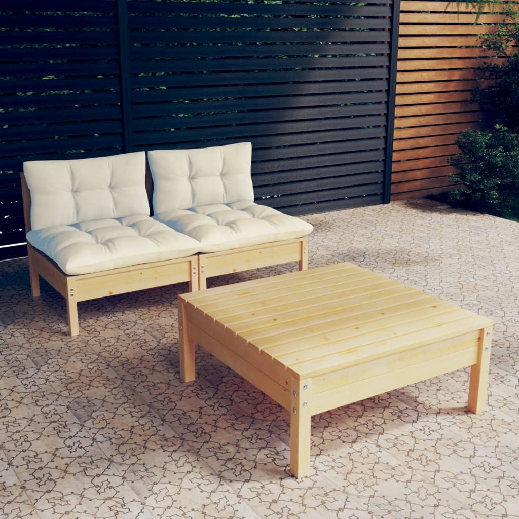 3 pcs conjunto lounge jardim c/ almofadões cor creme pinho