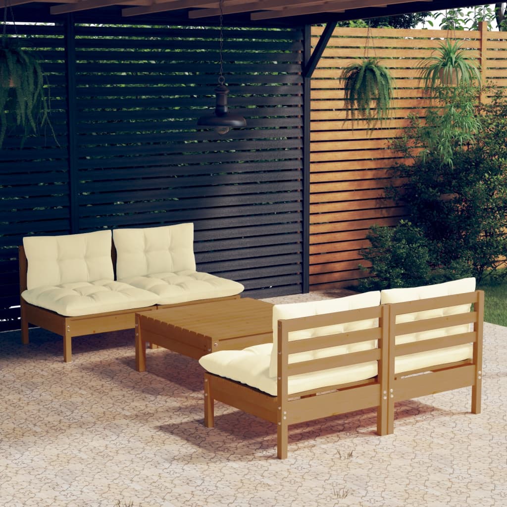 5 pcs conjunto lounge jardim c/ almofadões cor creme pinho