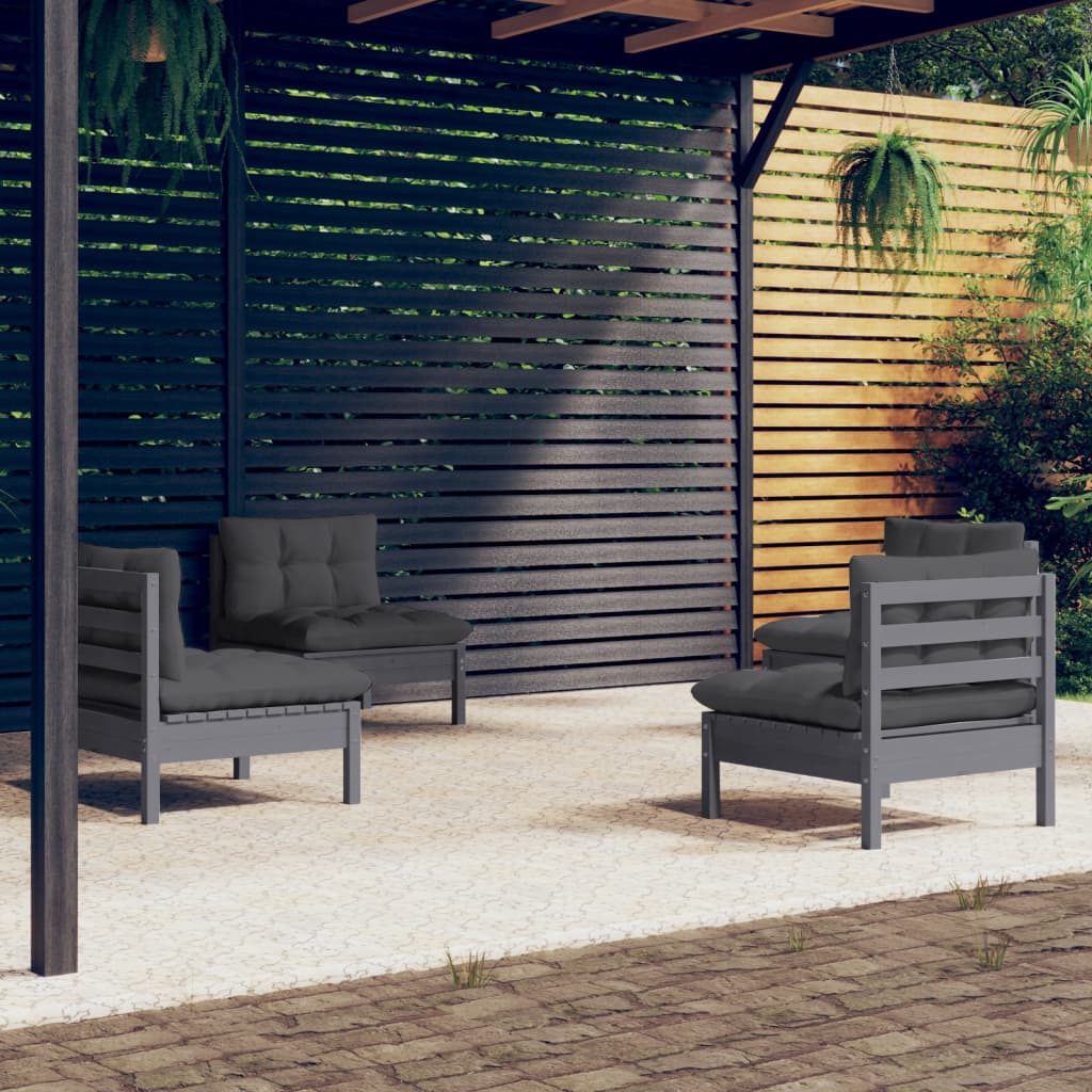 4 pcs conj. lounge de jardim com almofadões antracite pinho