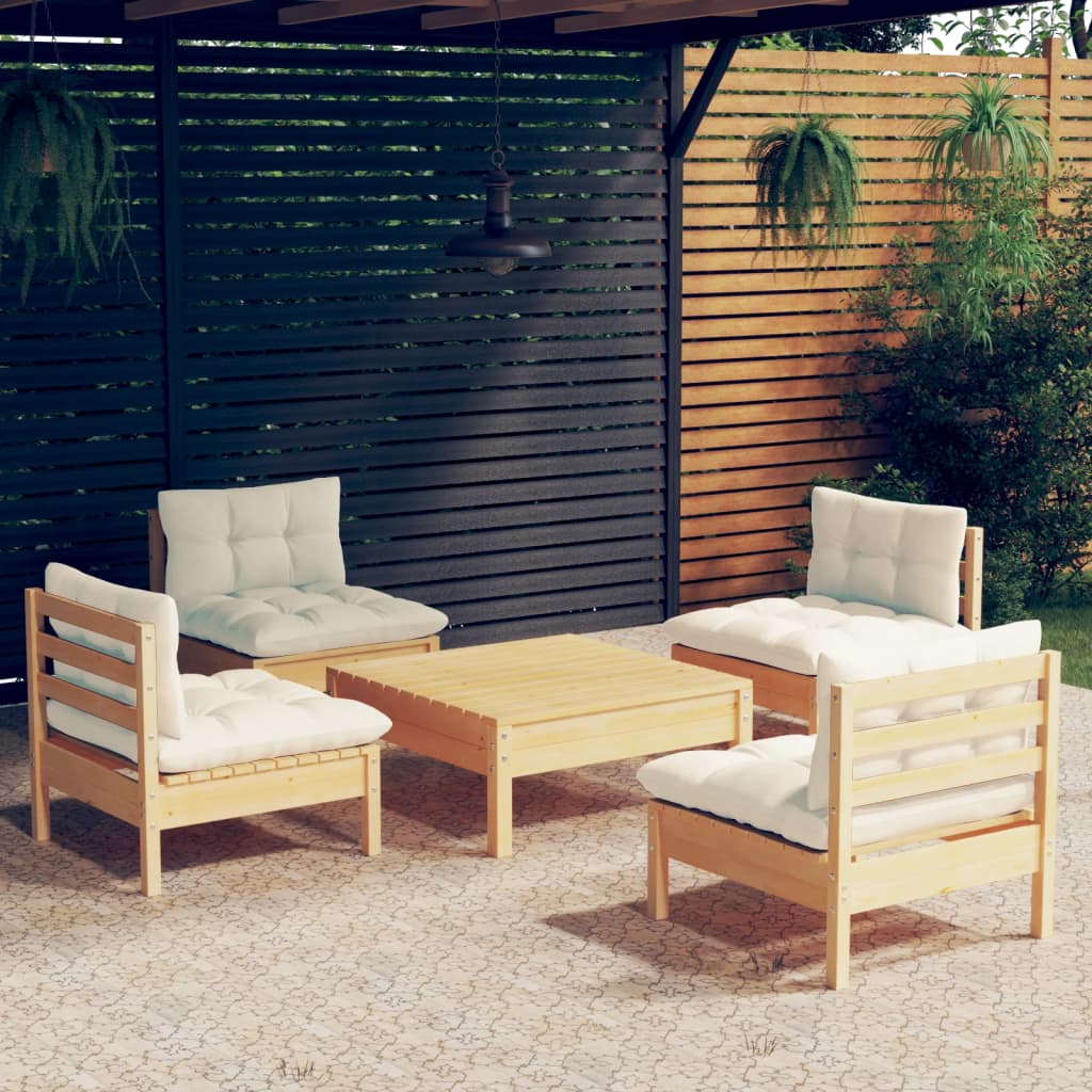 5 pcs conjunto lounge jardim c/ almofadões cor creme pinho