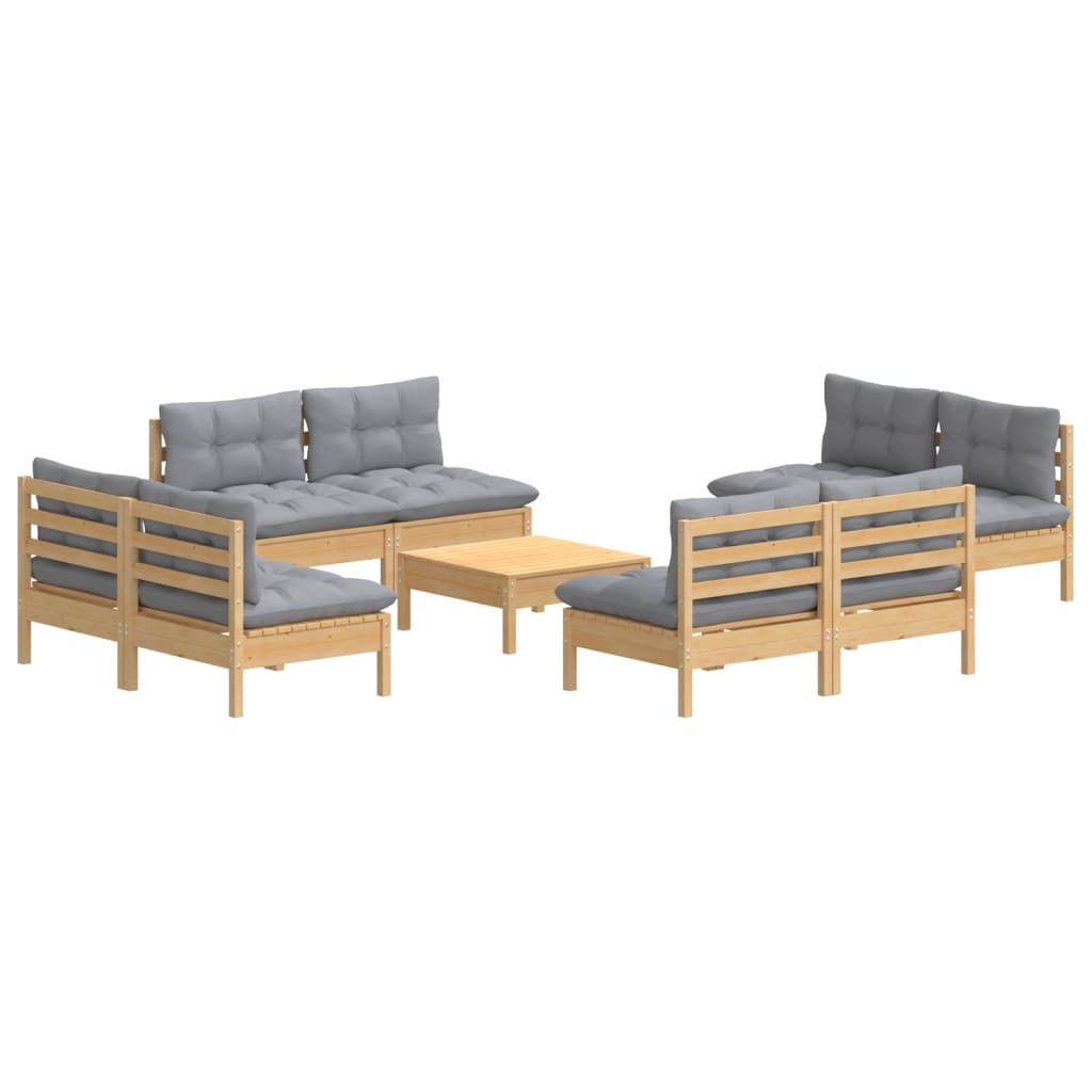 9 pcs conjunto lounge de jardim c/ almofadões cinzentos pinho