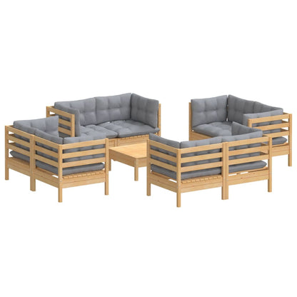 9 pcs conjunto lounge de jardim c/ almofadões cinzentos pinho