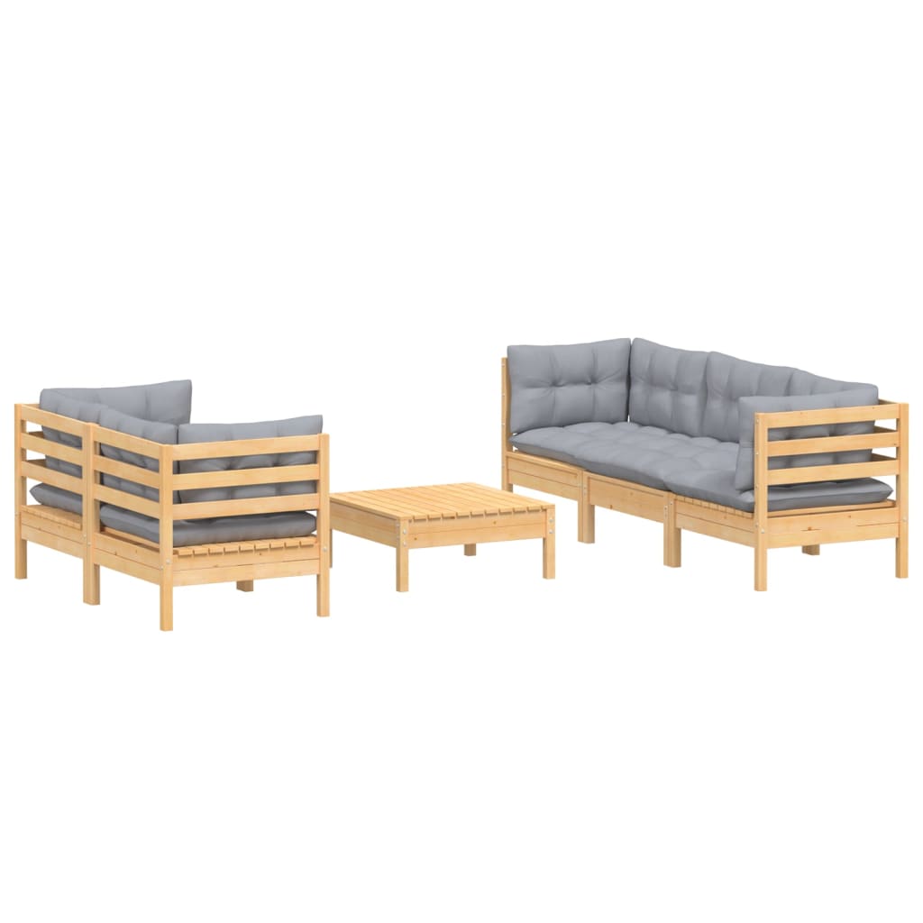 6 pcs conjunto lounge de jardim c/ almofadões cinzentos pinho