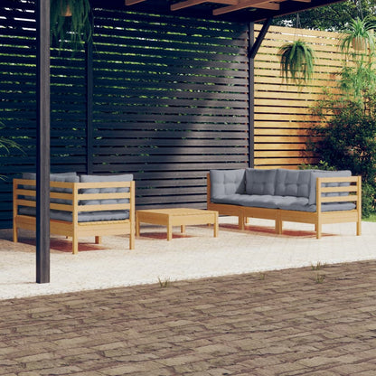 6 pcs conjunto lounge de jardim c/ almofadões cinzentos pinho