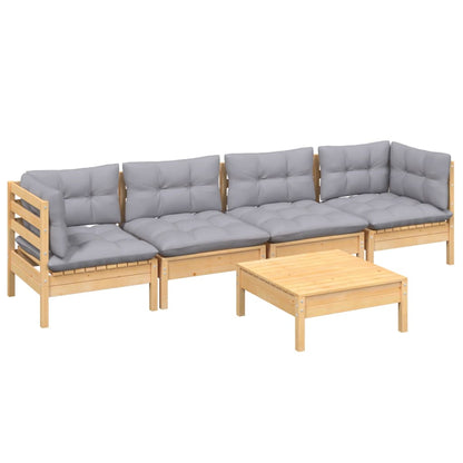 5 pcs conjunto lounge de jardim + almofadões cinza pinho maciço