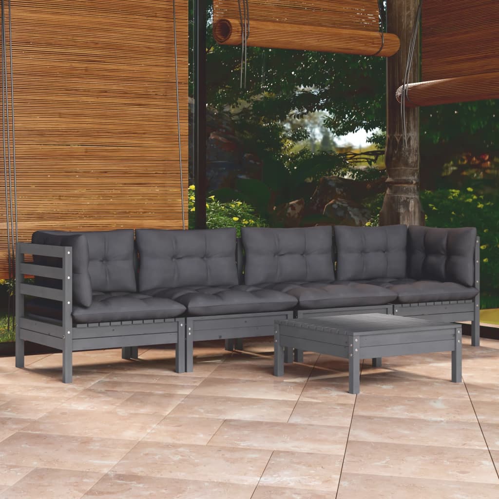 5 pcs conjunto lounge de jardim c/ almofadões pinho maciço