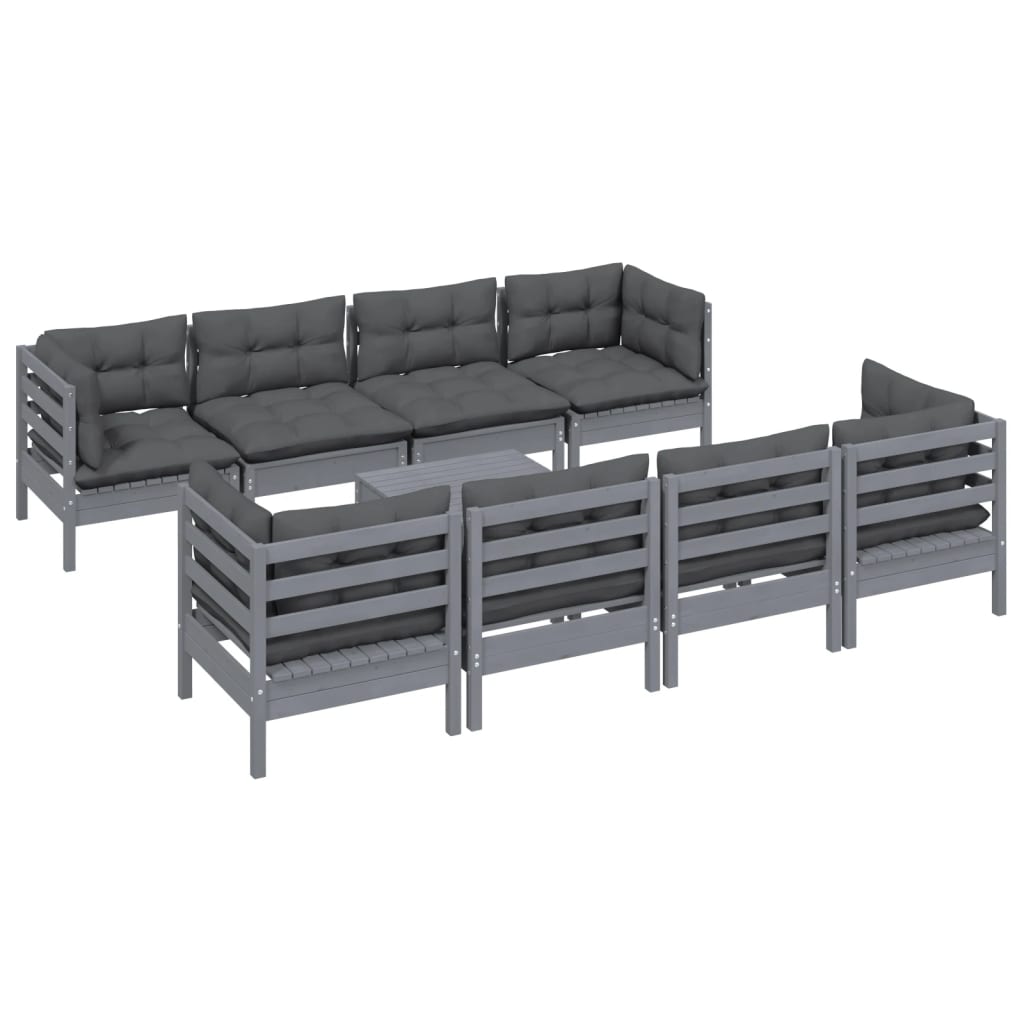 9 pcs conjunto lounge de jardim c/ almofadões pinho maciço