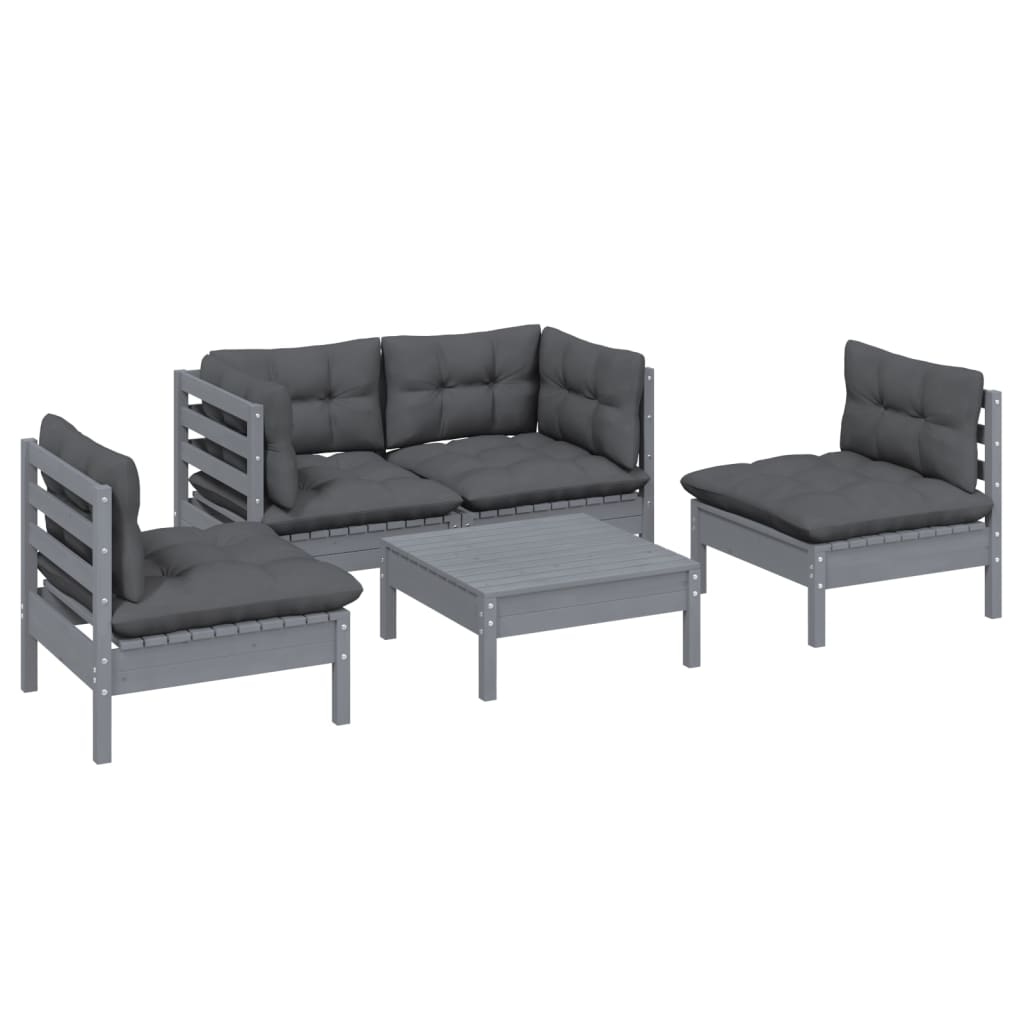 5 pcs conjunto lounge de jardim c/ almofadões pinho maciço