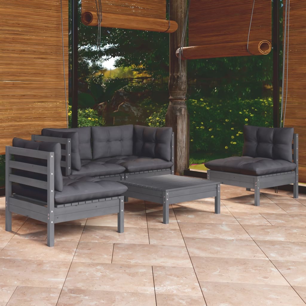 5 pcs conjunto lounge de jardim c/ almofadões pinho maciço