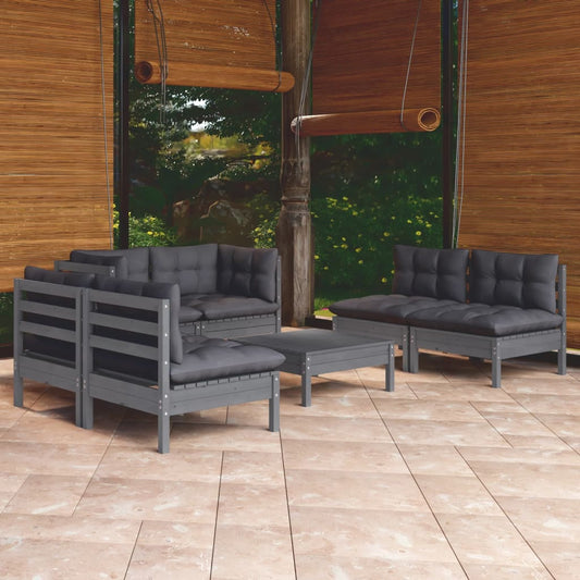 7 pcs conjunto lounge de jardim c/ almofadões pinho maciço