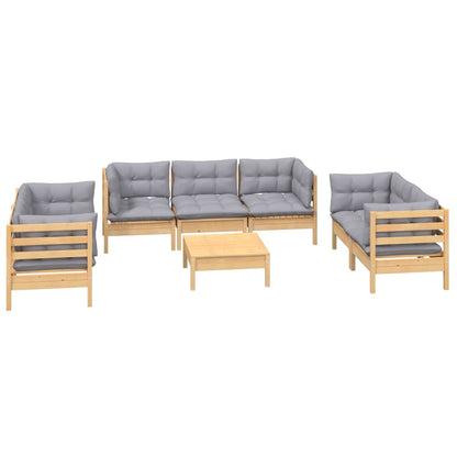 8 pcs conj. lounge jardim c/ almofadões cinzentos pinho maciço