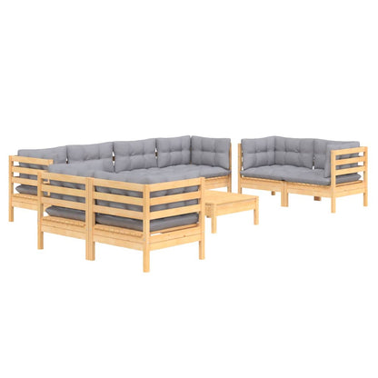 9 pcs conjunto lounge de jardim + almofadões cinza pinho maciço