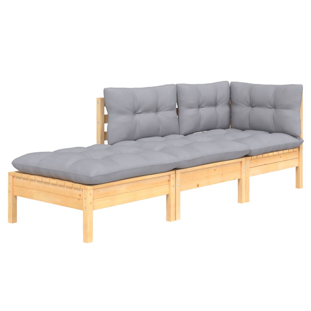 3pcs conjunto lounge de jardim c/ almofadões cinza pinho maciço