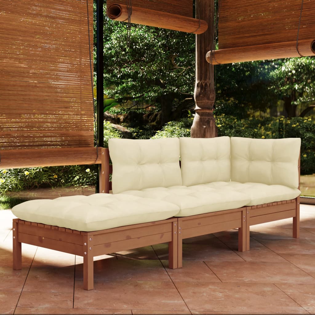 3 pcs conjunto lounge de jardim c/ almofadões pinho maciço