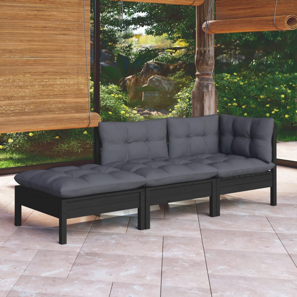 3 pcs conjunto lounge de jardim c/ almofadões pinho maciço