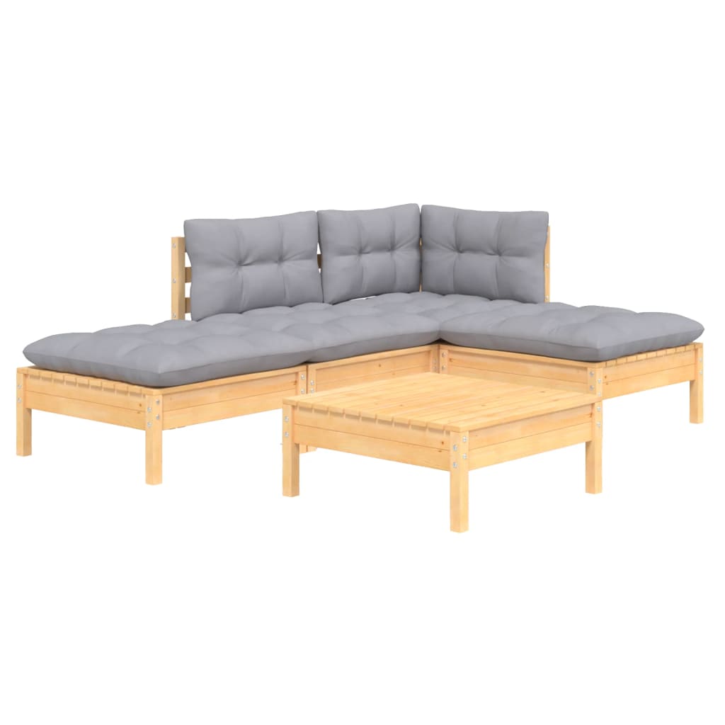 5 pcs conjunto lounge de jardim c/ almofadões cinzentos pinho