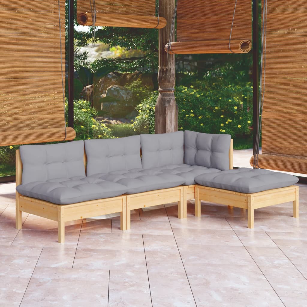 4 pcs conjunto lounge de jardim c/ almofadões cinza pinho