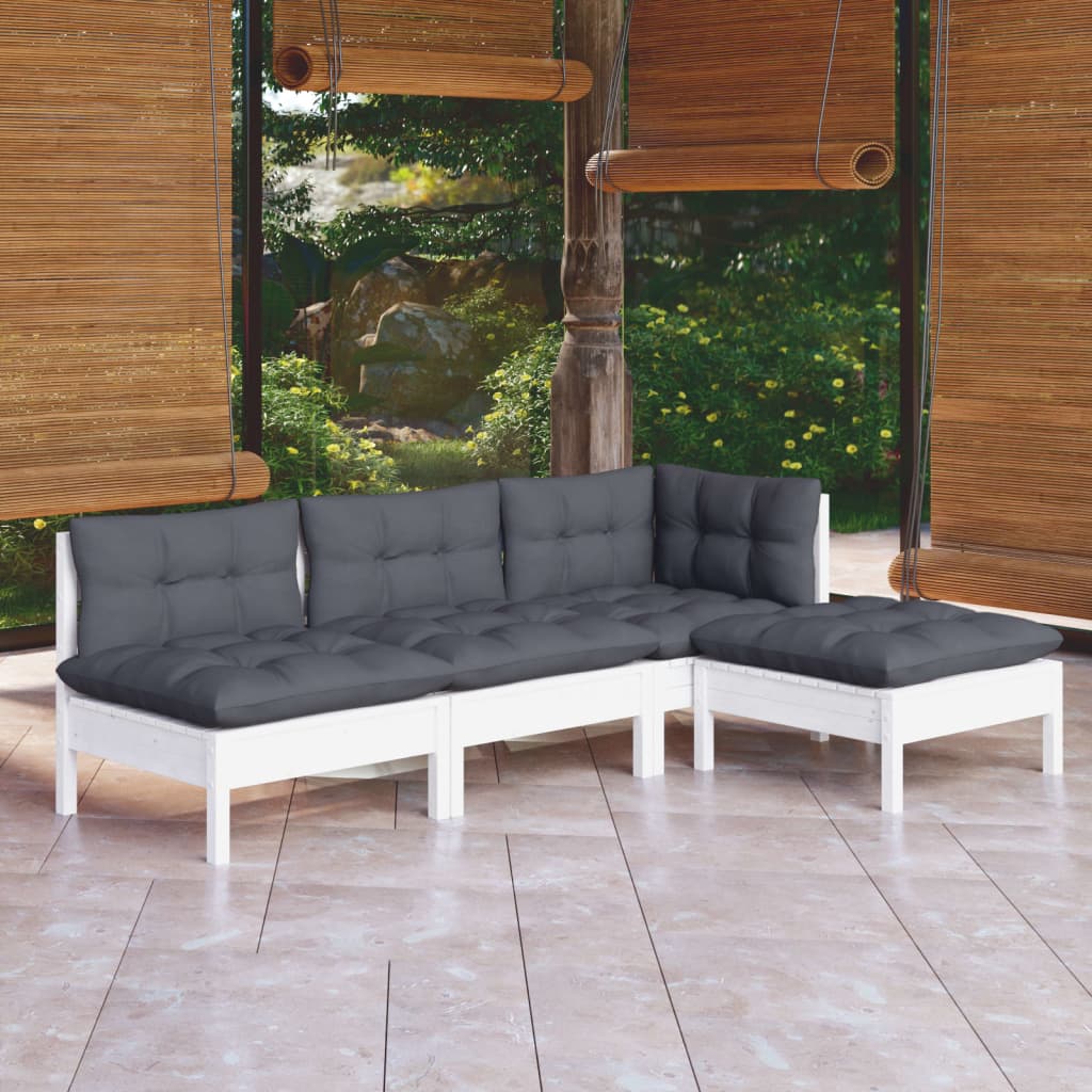 4 pcs conjunto lounge de jardim c/ almofadões pinho branco