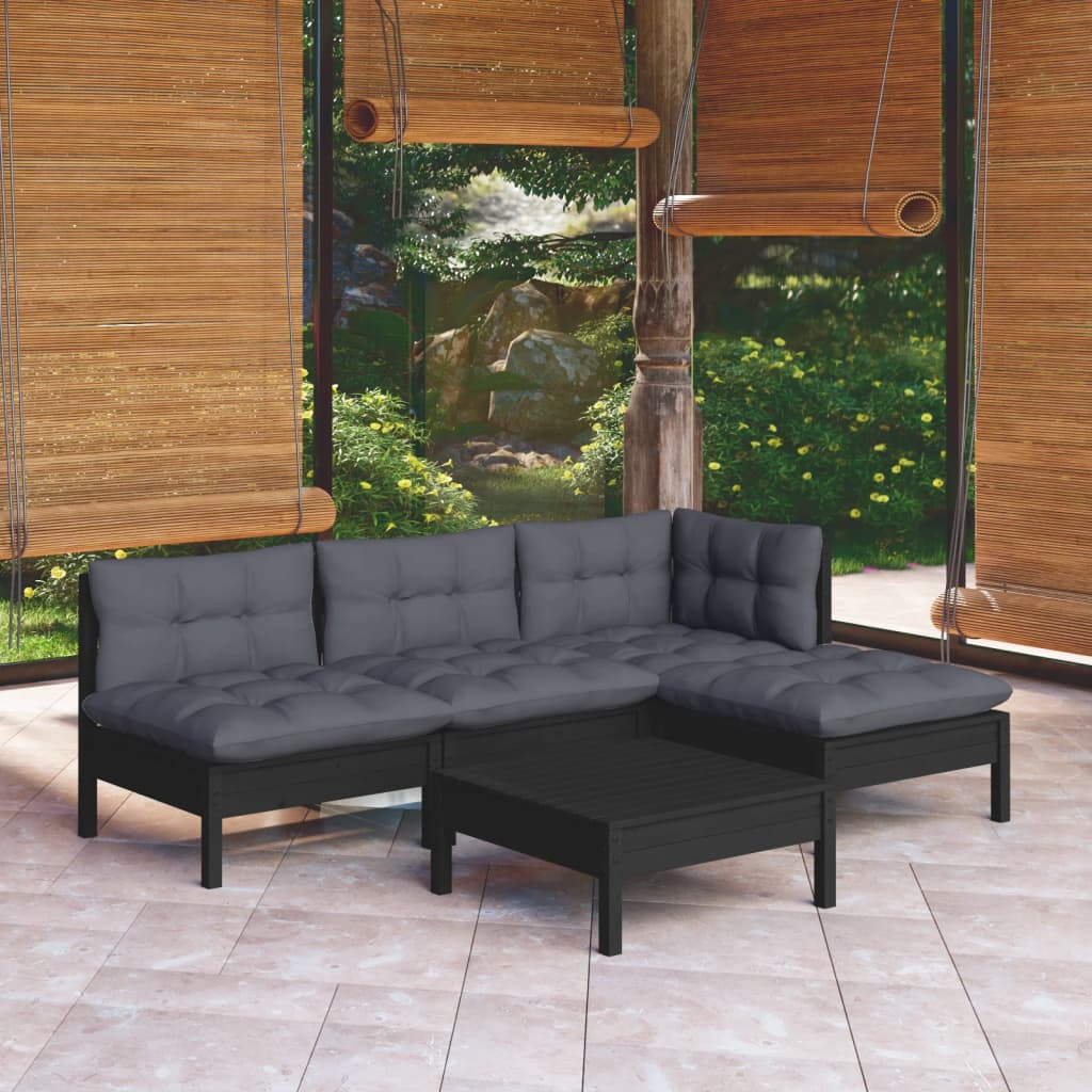 5 pcs conjunto lounge de jardim c/ almofadões pinho preto