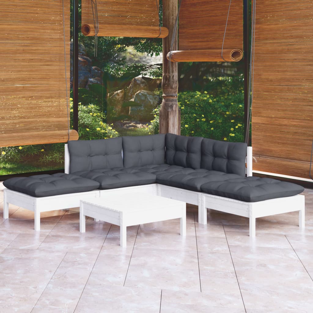 6 pcs conjunto lounge de jardim c/ almofadões pinho branco