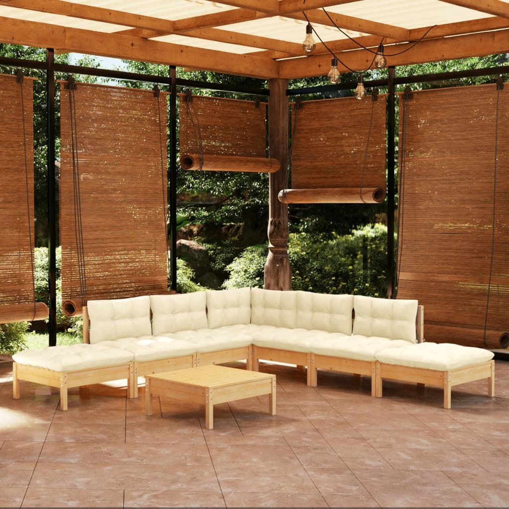 8 pcs conjunto lounge jardim c/ almofadões cor creme pinho