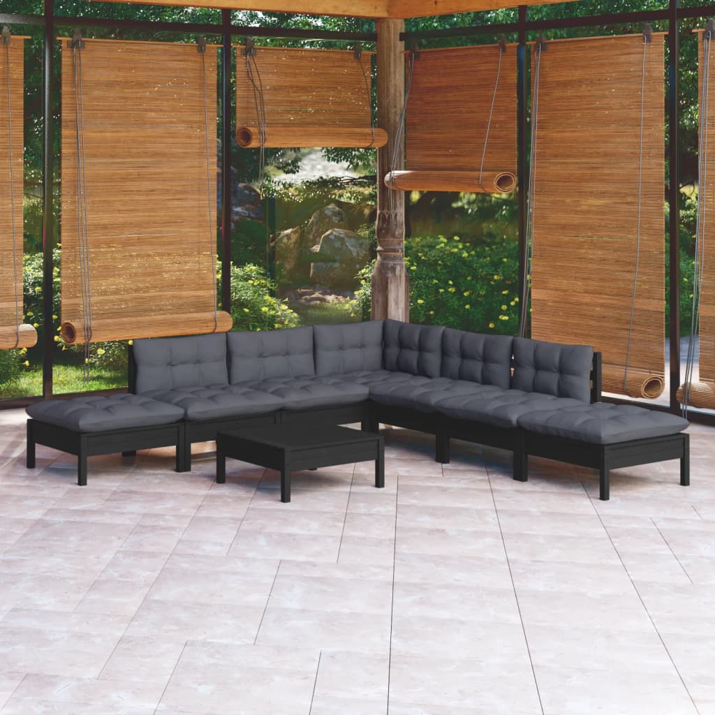 8 pcs conjunto lounge de jardim c/ almofadões pinho preto