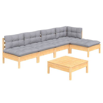 6 pcs conjunto lounge de jardim c/ almofadões cinzentos pinho