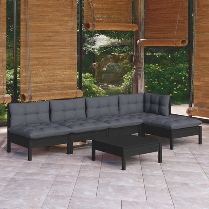 6 pcs conjunto lounge de jardim c/ almofadões pinho preto