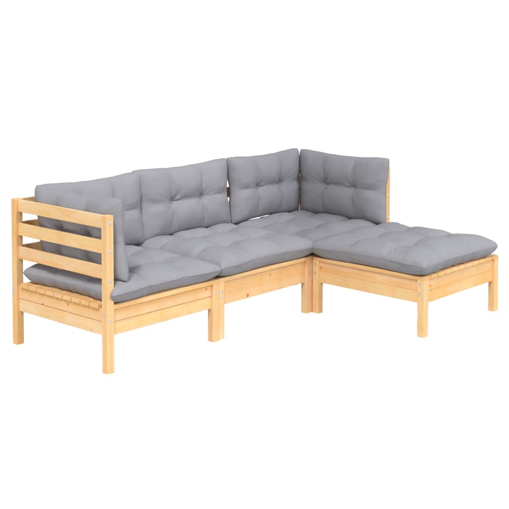 4 pcs conjunto lounge de jardim c/ almofadões cinzentos pinho