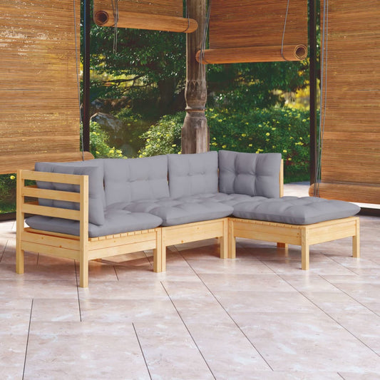 4 pcs conjunto lounge de jardim c/ almofadões cinzentos pinho